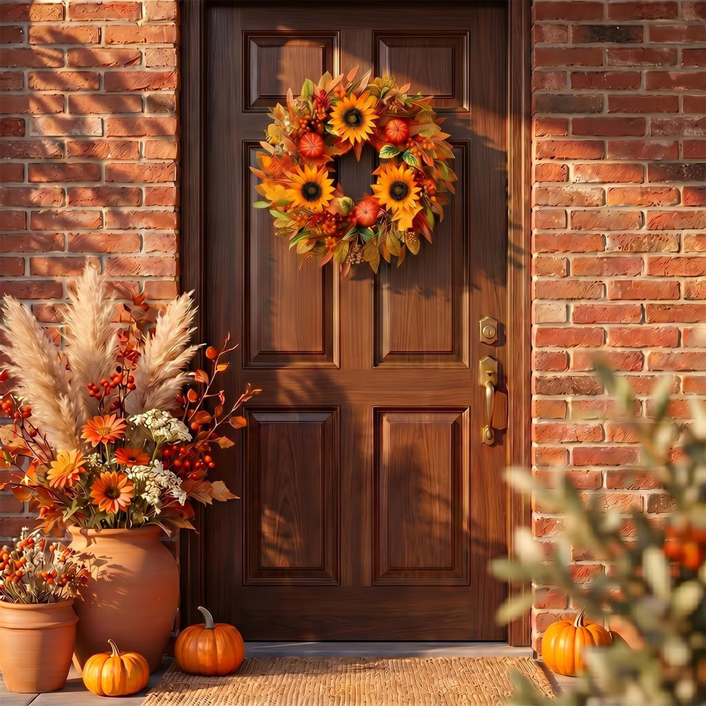 Fall Wreaths for Front Door 24 Inch Artificial Fall Wreath with Orange Pumpkins Berries Maple Leaves and Grapevine