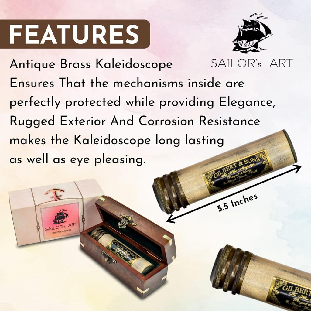 Handmade Kaleidoscope with Wooden Box, Educational Vintage Collection, Antique Birthday Gift Décor Solid Brass 5.5