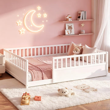Kids Montessori Floor Bed Frame with High Fence, White