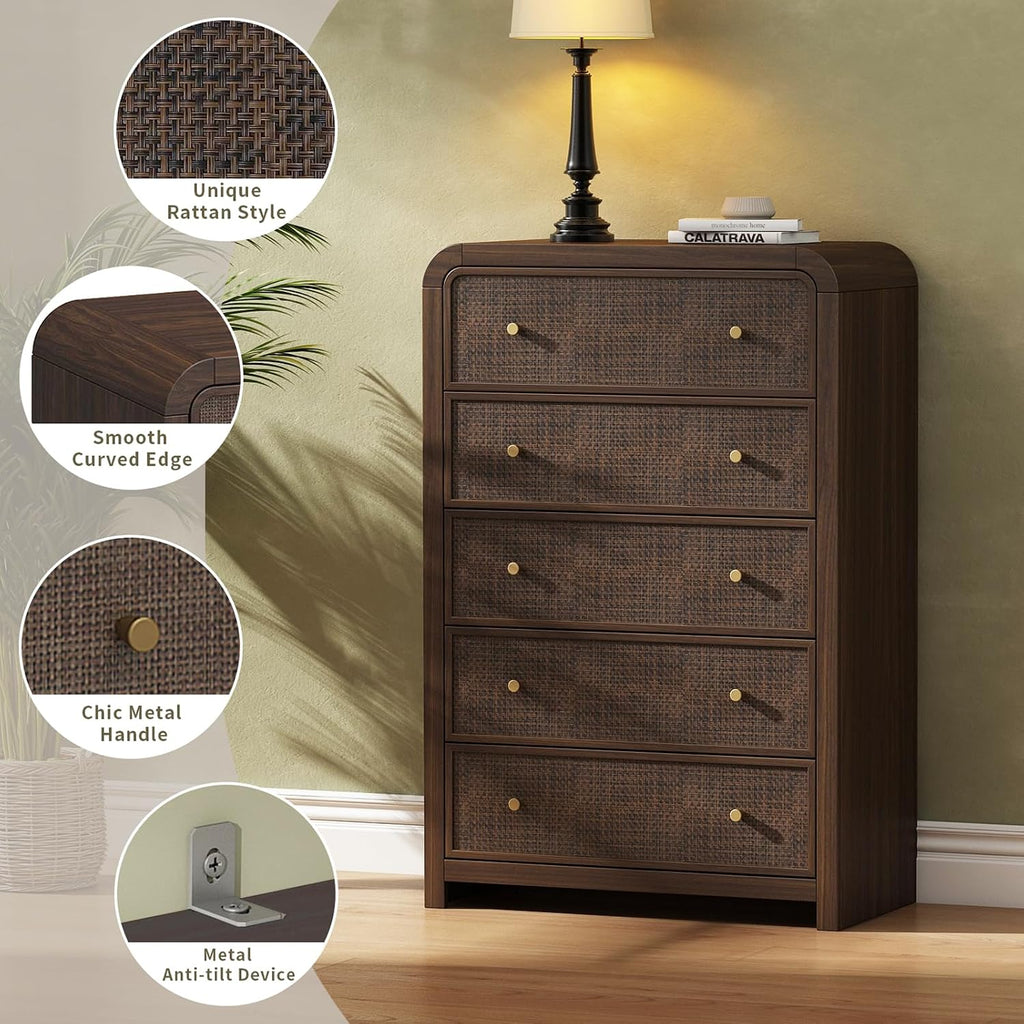 5 Drawer Tall Dresser , 47'' Rattan Dresser with Ample Storage, Boho Chest of Drawers, Thickened Curved Profile