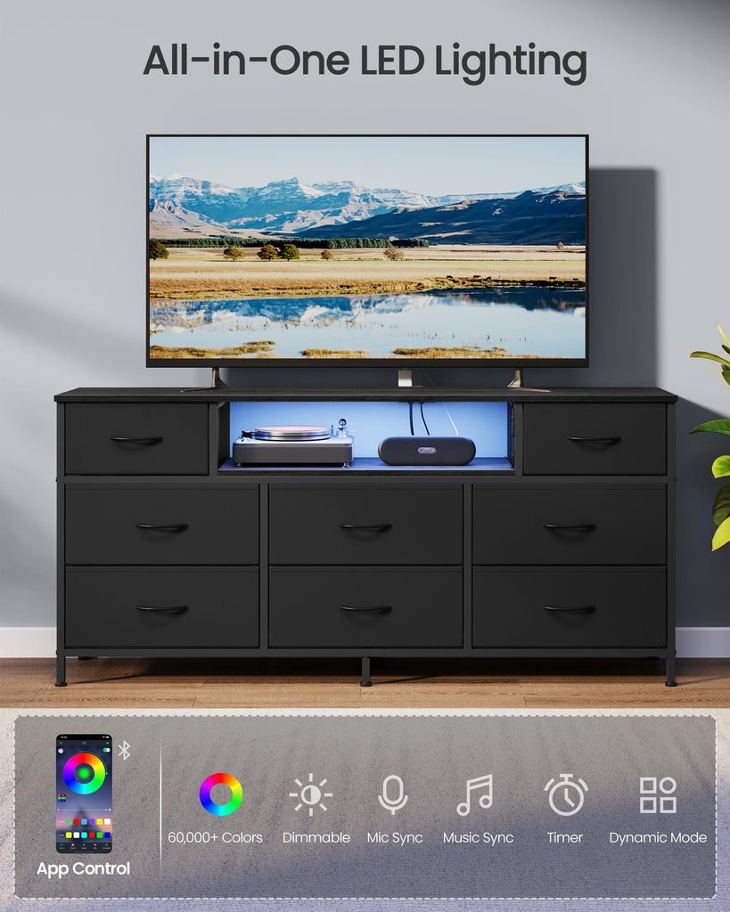 Dresser with Outlets & LED Lights, 8 Fabric Drawers