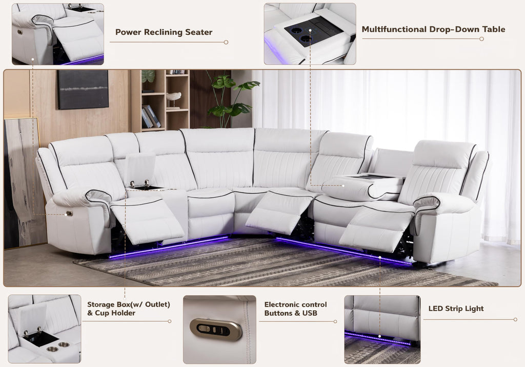 Power Reclining Sectional Sofa Faux Leather LED Strip Speaker White