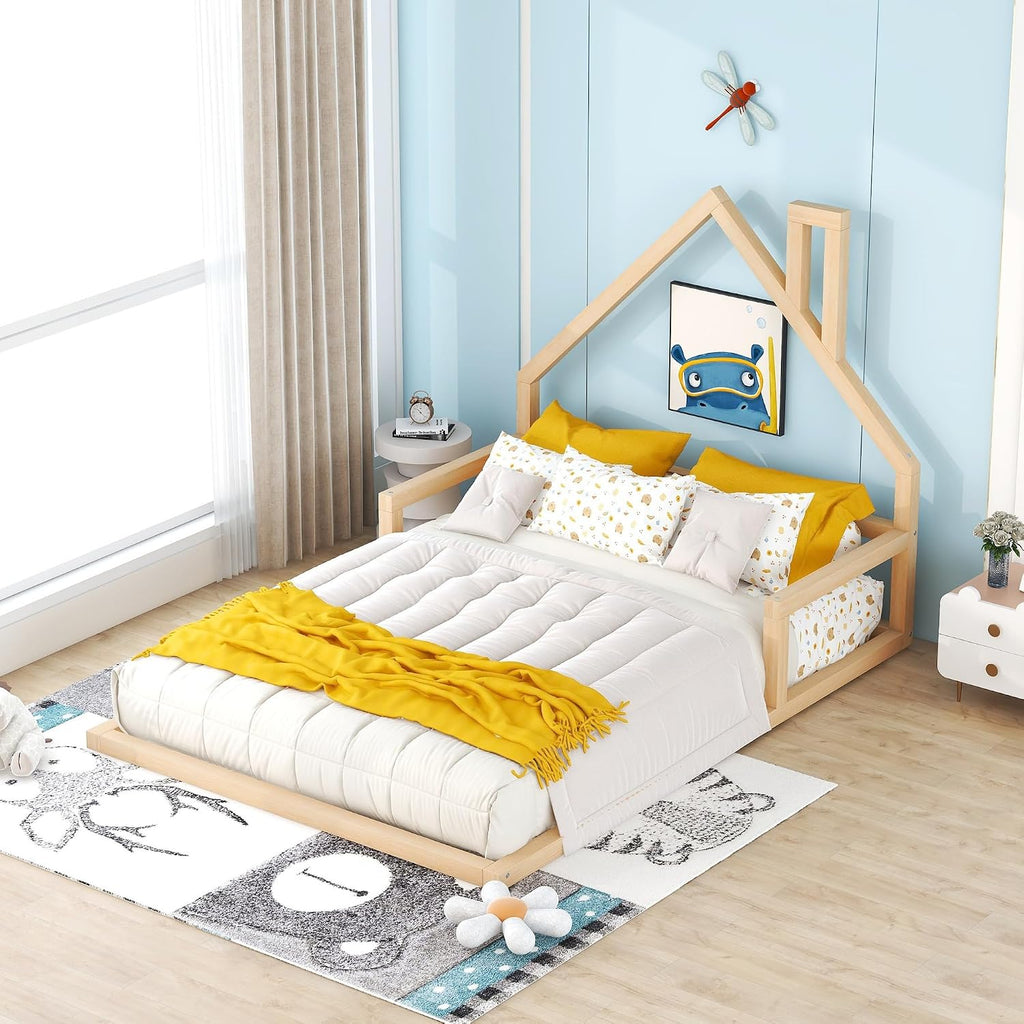 Full Size Wood Floor Bed with House-Shaped Headboard, Wooden Platform Bed Frame, No Box Spring Required