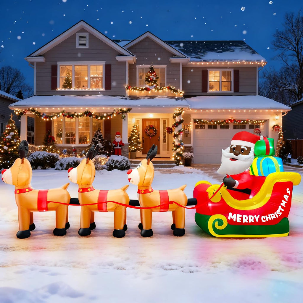 12 Ft Long Christmas Inflatable Black Santa Rides in a Sleigh Pulled by Three Reindeer with Gift Box, African