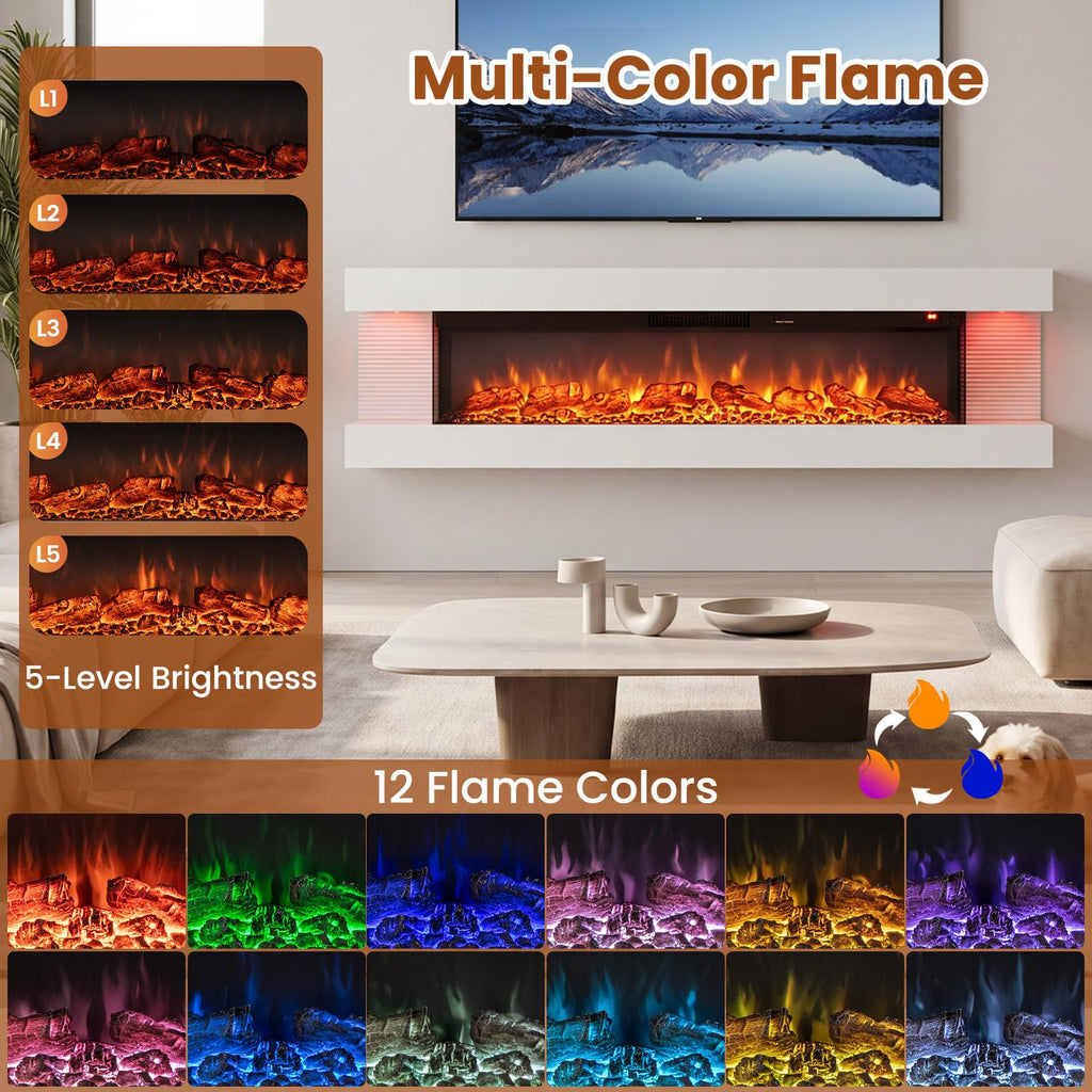 3 Sided Wall Mount Electric Fireplace w/ 60" Floating Mantel, White