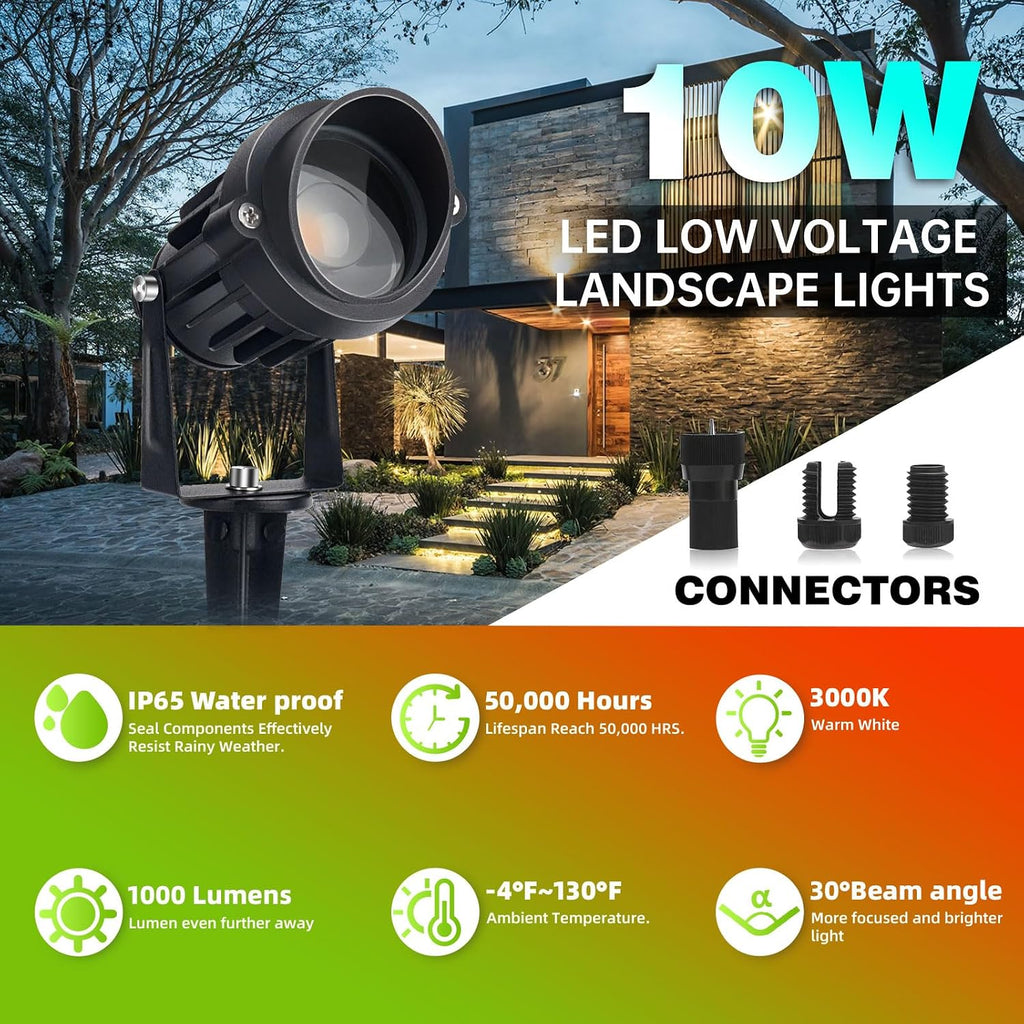10W LED Landscape Lights 12V Outdoor Spotlight with Connectors Low Voltage Landscape Lighting Warm White Waterproof