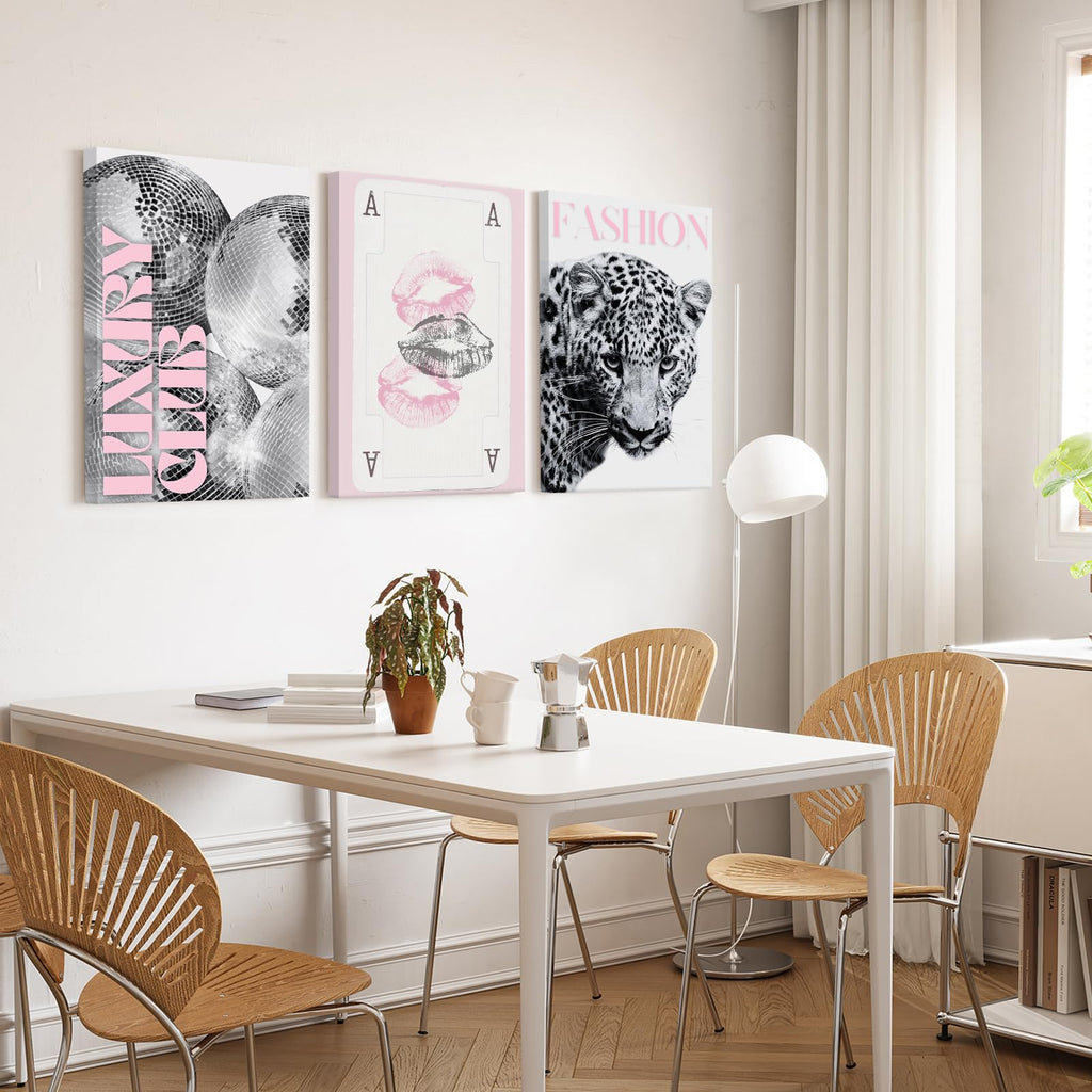 Pink Leopard Trendy Wall Art Cheetah Black White Canvas Wall Decor Fashion Preppy Posters Aesthetic Disco Ball