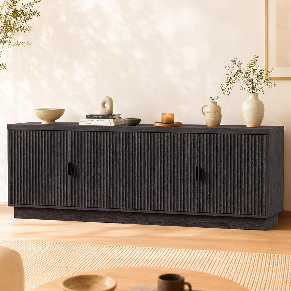Fluted TV Stand for up to 75" TVs, 68" Entertainment Center with 4 Doors, Modern Media Console with Adjustable