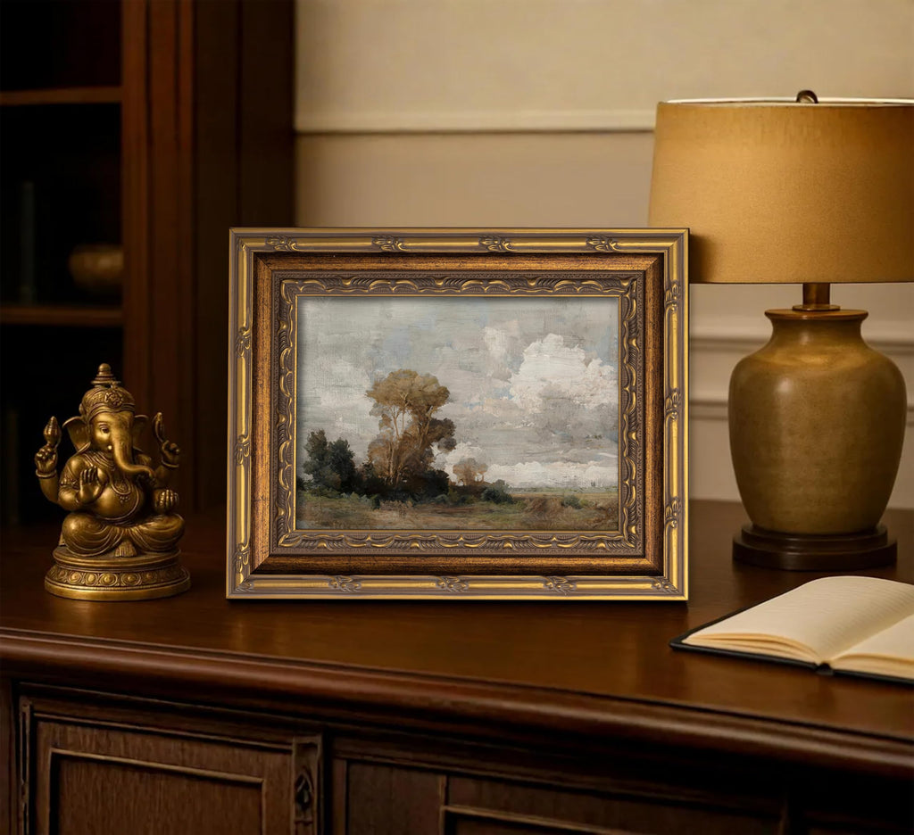 Vintage Gold Framed Landscape Wall Art Antique Cloudy Country Tree Painting