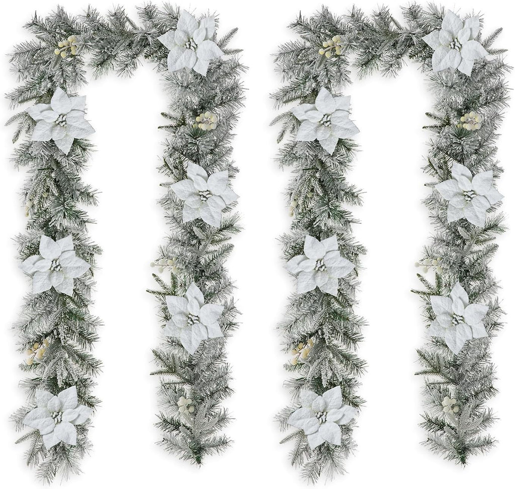 2PCS 9ft Christmas Garlands with Lights, Pre-Lit Snow Flocked Greenery Garlands Poinsettia Pine Garlands with 50 Warm