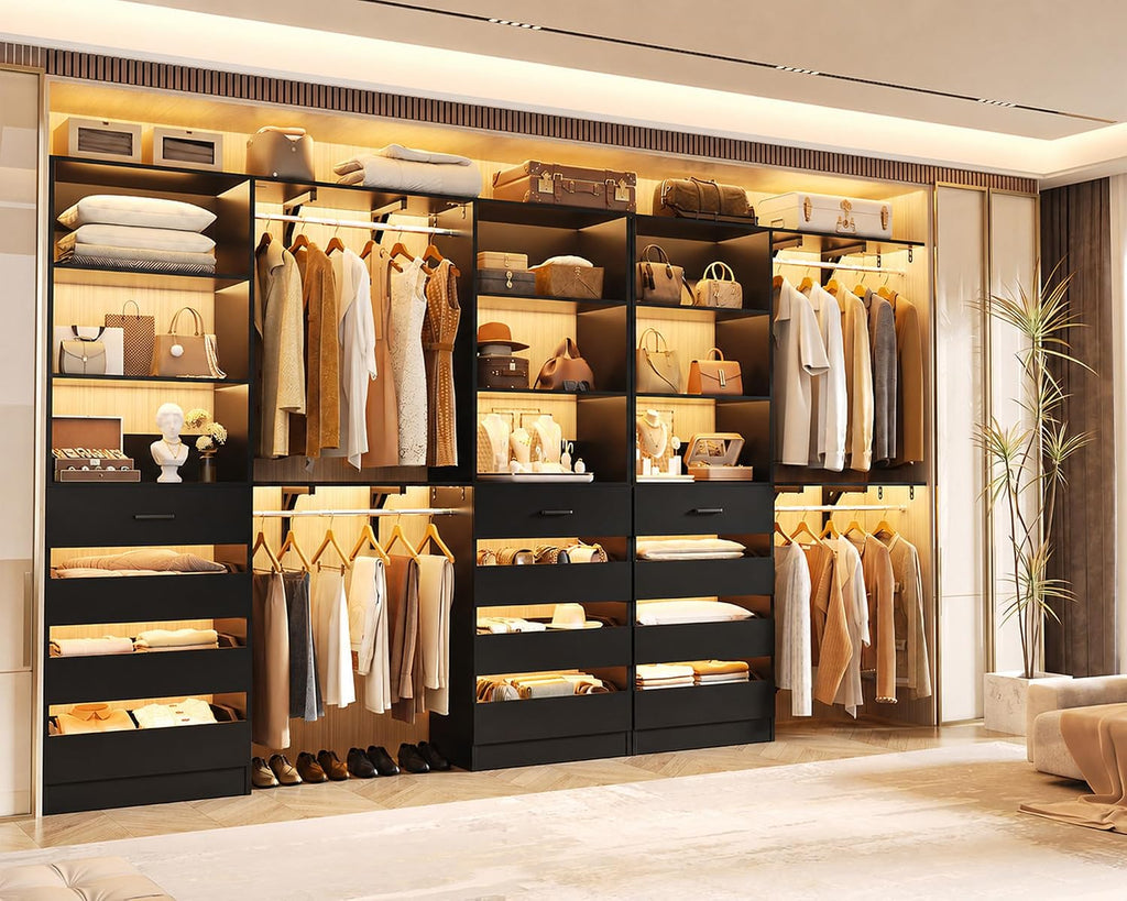 Closet System with 12 Drawers, 138.5" Wood Closet Organizer System with 4 Hanging Rods & Top Shelves, 6.7+4.85Ft L