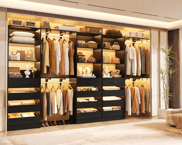 Closet System with 12 Drawers, 138.5" Wood Closet Organizer System with 4 Hanging Rods & Top Shelves, 6.7+4.85Ft L