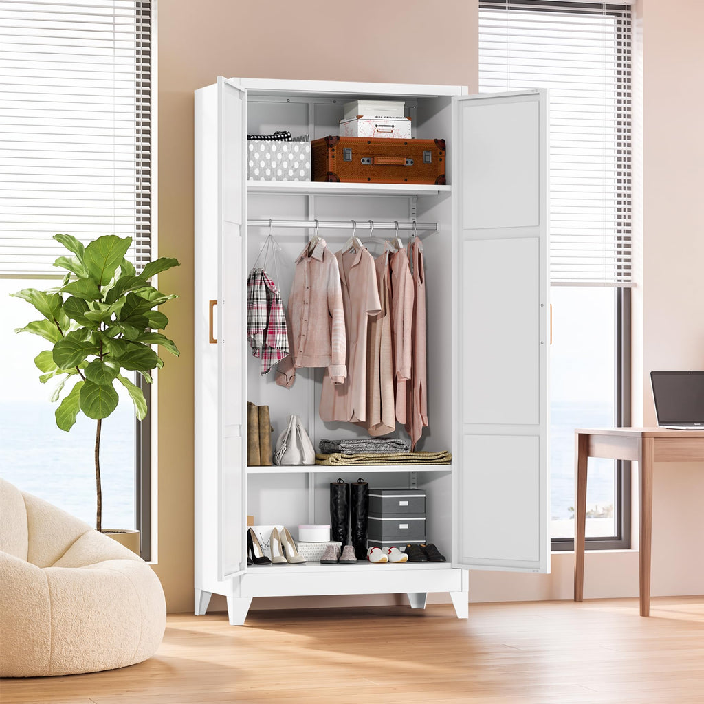 Metal Wardrobe Cabinet, 19" D x 34" W x 71" H Metal Wardrobe Closet with Hanging Rods and Adjustable Shelves, Clothing