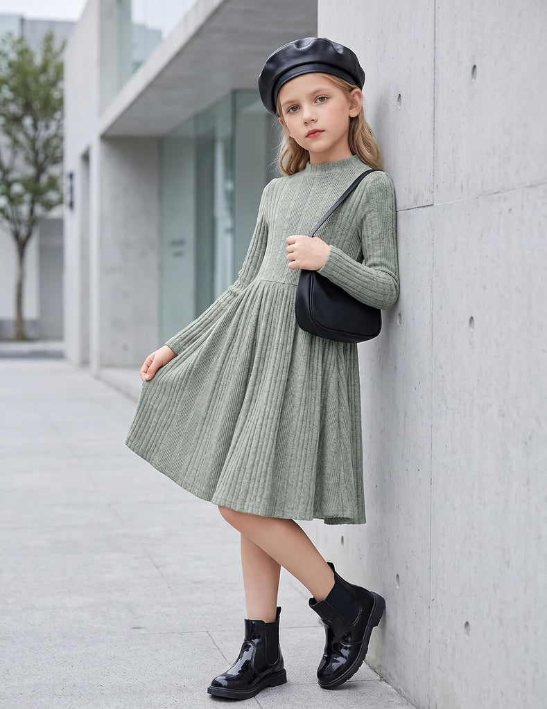 Girls Dresses Long Sleeve A Line Knit Sweater Dress with Pockets