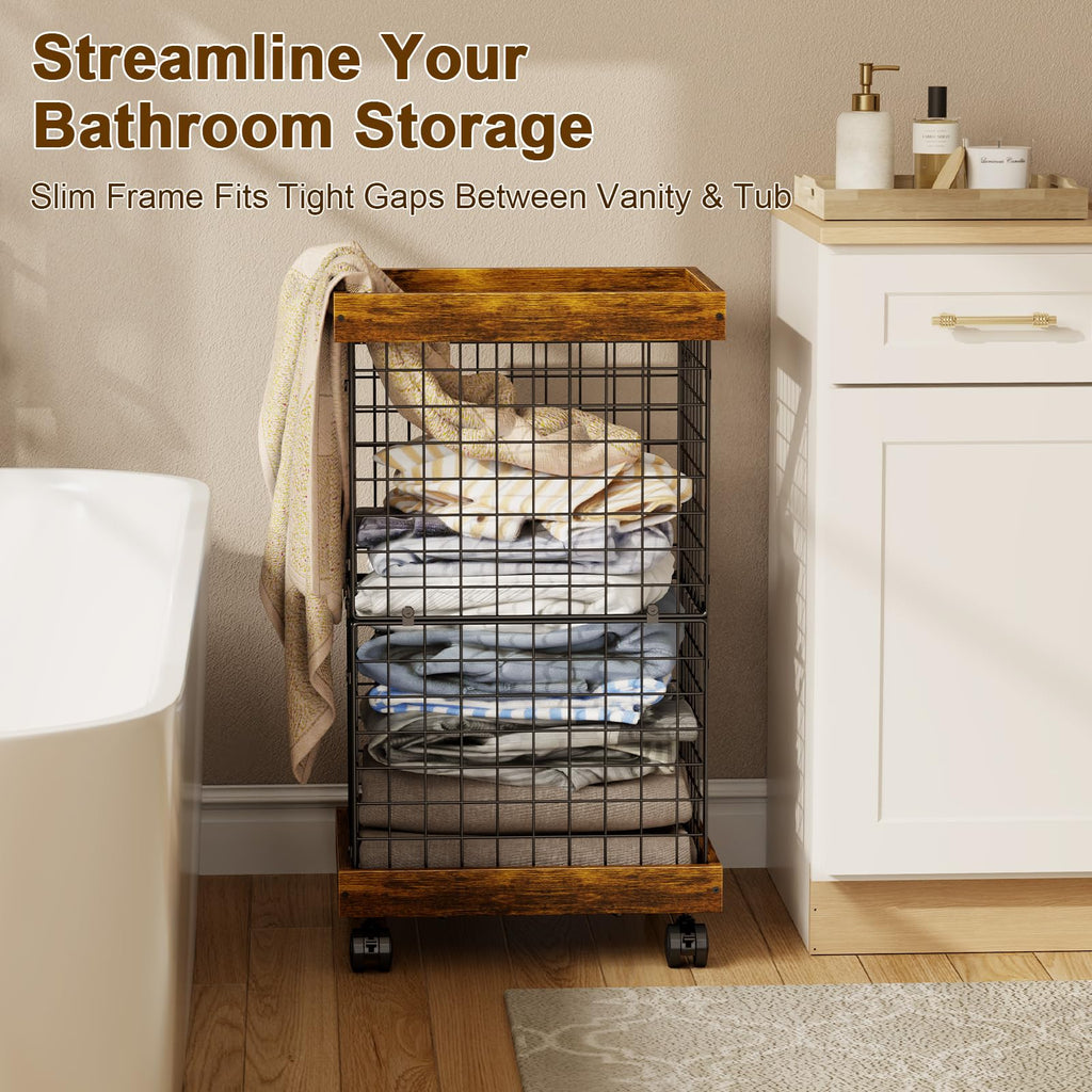 Basket with Wheels, Rolling Hamper Wooden Wire Laundry Bin