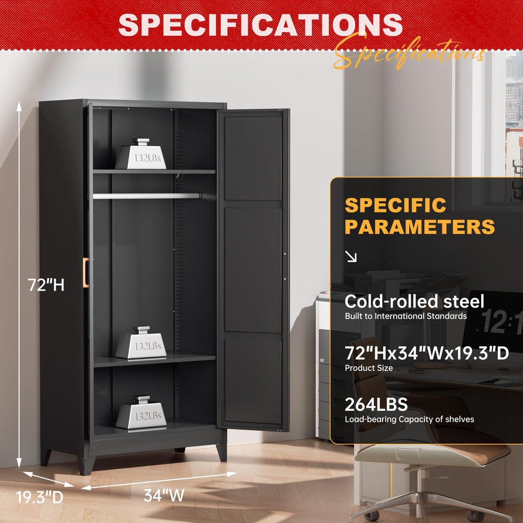 Metal Wardrobe Closet, 72" H Bedroom Armoires with Wooden Handle, Metal Cabinet with Adjustable Shelves and Hanging