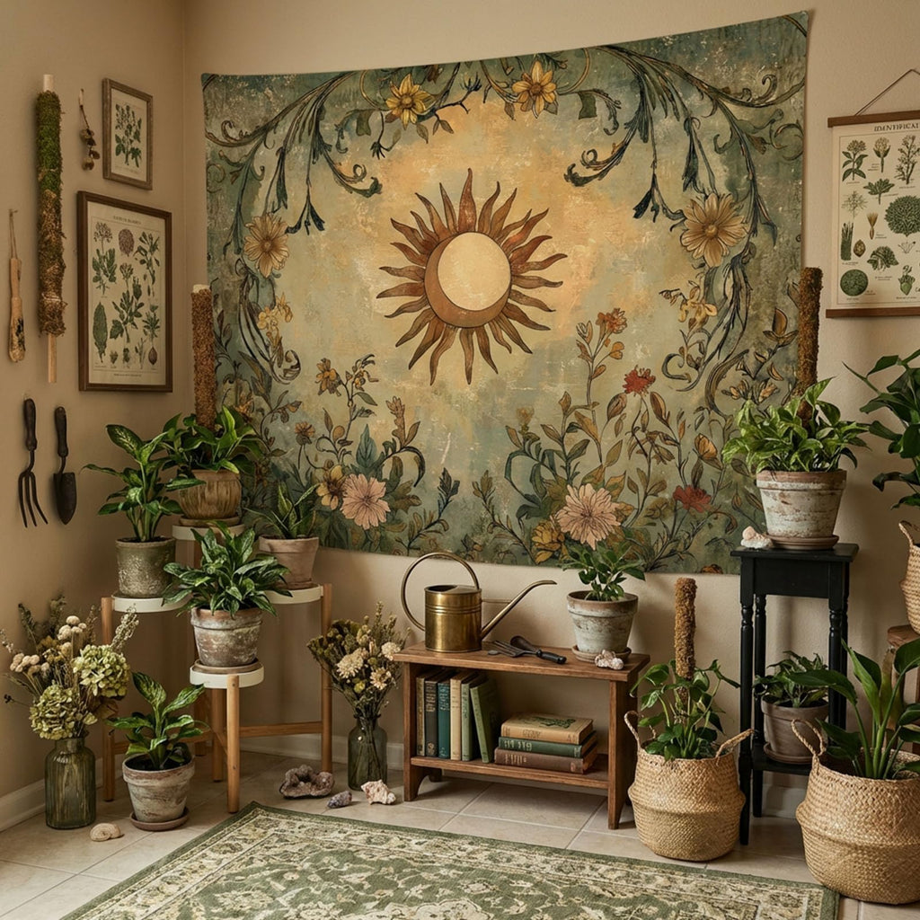 Vintage Sun and Moon Tapestry, Boho Retro Green Plant Aesthetics Tapestries Dorm, 60x80 inches