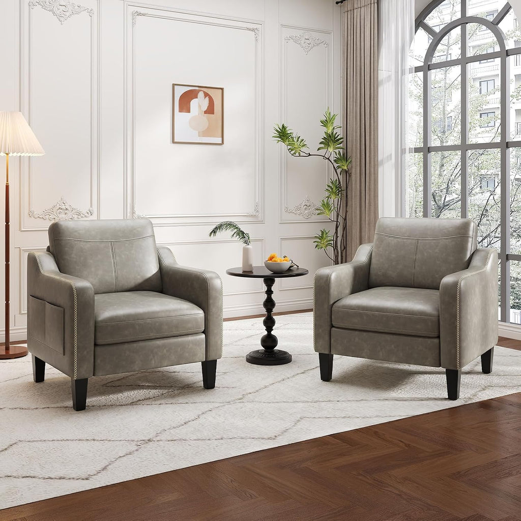 PU Leather Accent Chair, Mid-Century Modern Living Room Armchair Sofa with Removable Cushions, Solid Wood - Set of 2