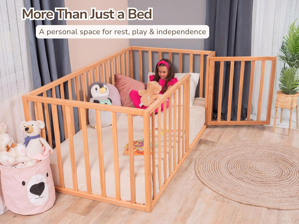 Montessori Floor Bed with Rails High - Toddler Bed Frame - Floor Bedframe with Gate by, (Small/Twin/Full/Queen/King
