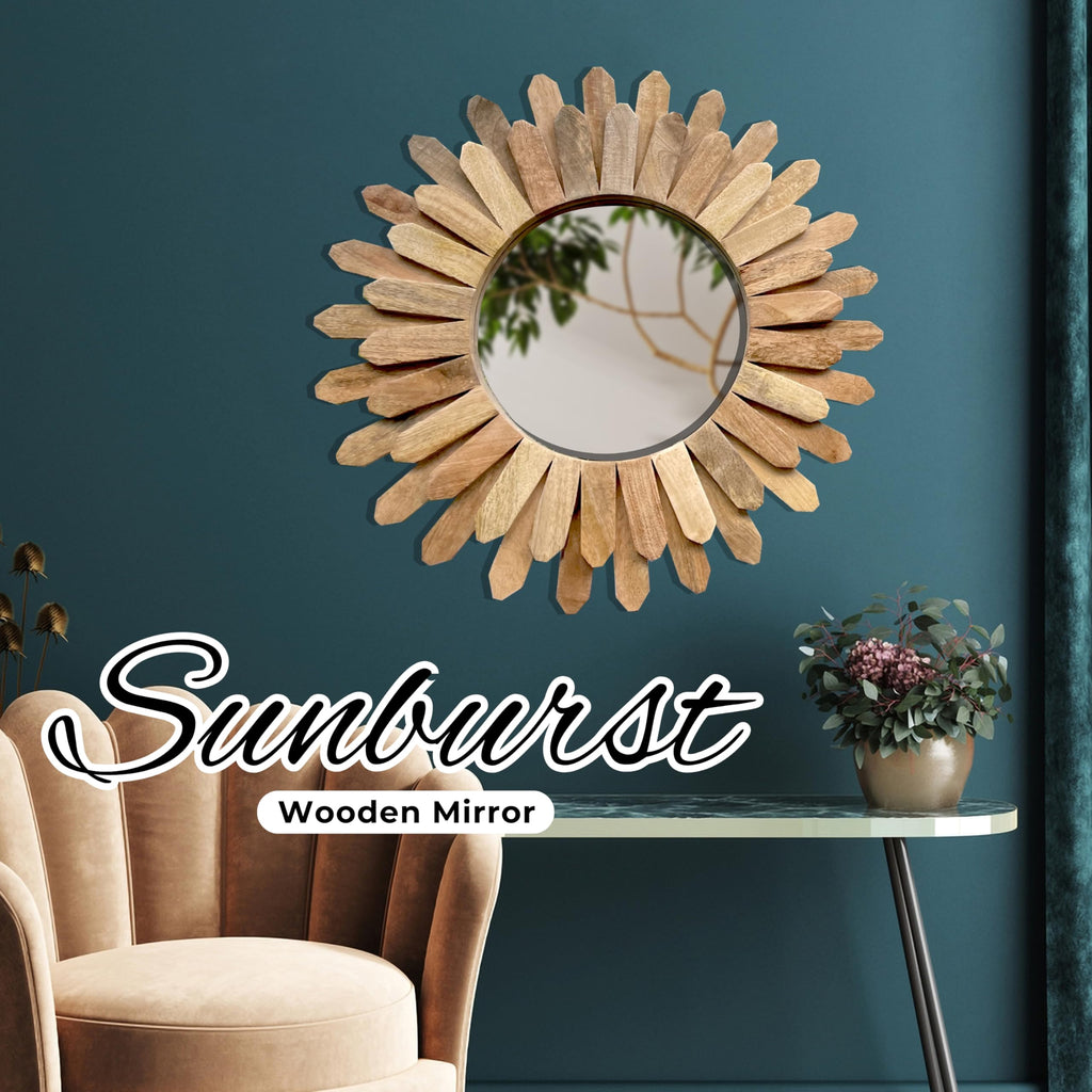 Rustic Round Wood Wall Mirror 18 Inch, Natural Sunburst Mirror for Wall Decor, Boho Farmhouse Decorative Mirror Decor