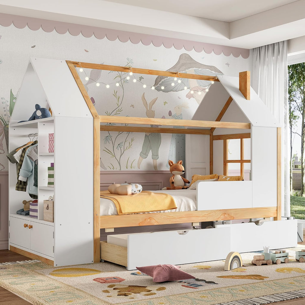 Twin Size House Bed, Solid Wood Platform Bed with Drawers and Wardrobe, House Shape Bed Frame with Built-in Shelves