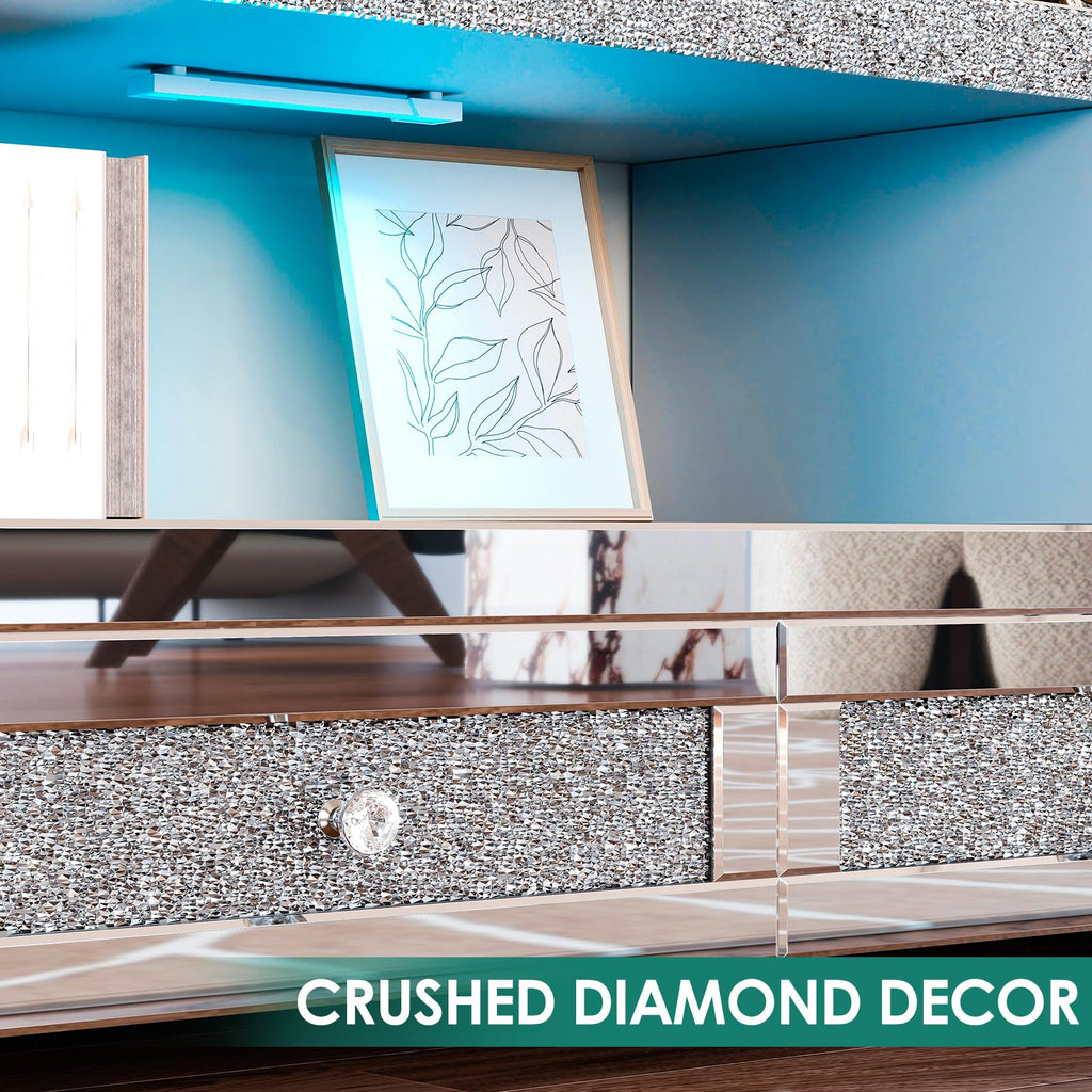 Silver Mirrored TV Stand for TVs Up to 65 Inches, LED TV Stand Modern Entertainment Center with Drawers & Open