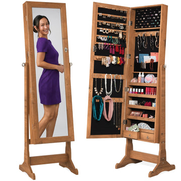 Freestanding Jewelry Armoire Cabinet, Full Length Standing Mirror, Lockable Makeup Storage Organizer, w/Velvet