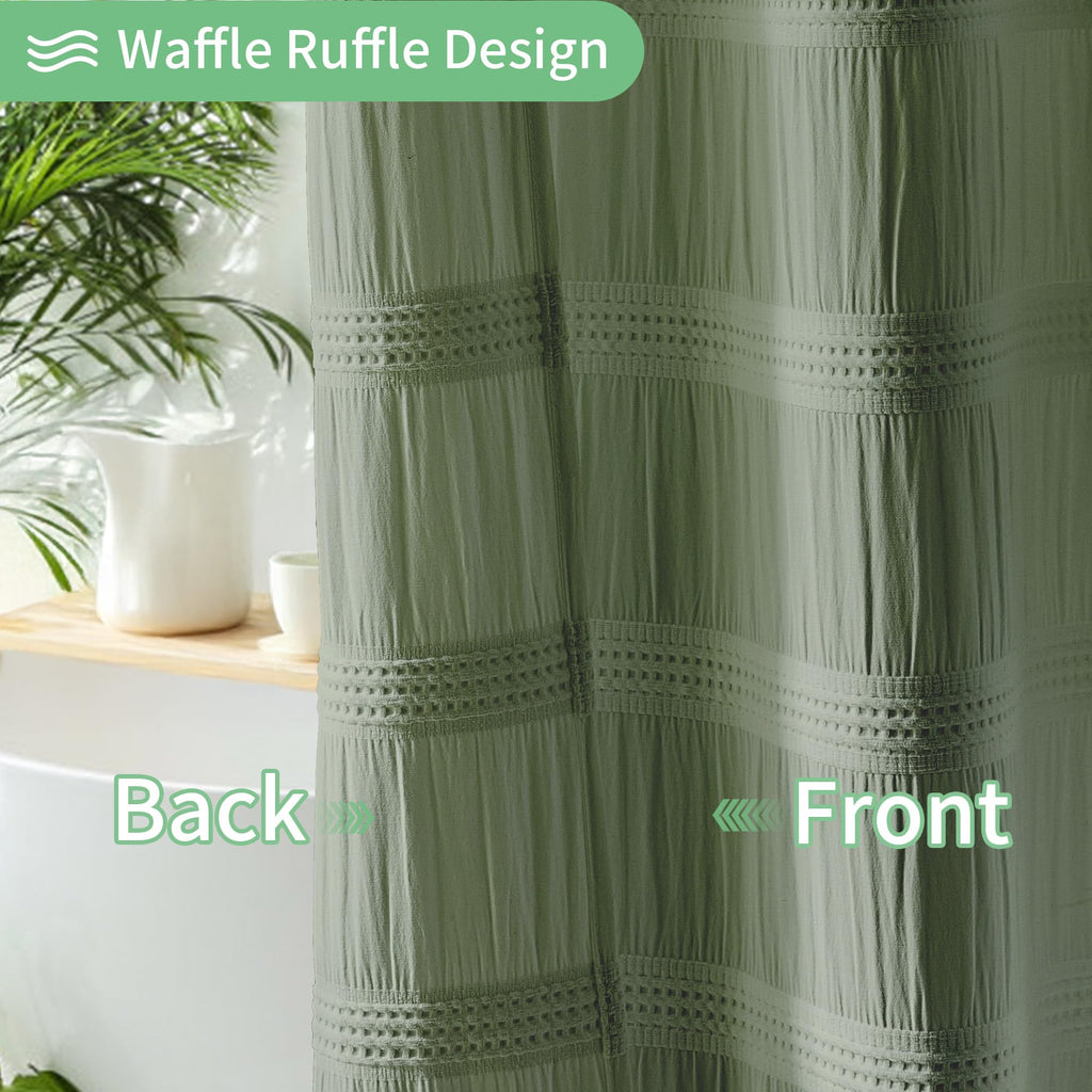 Sage Green Shower Curtain Boho, Cotton Blend Waffle Shower Curtain Chic Textured Fabric Shower Curtains 72 x 72 Green