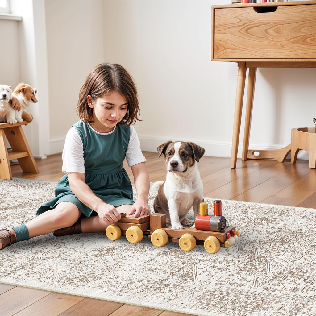 2'6"x16 Washable Long Runner Rug: Vintage Non Slip Hallway Rug IvoryBeige