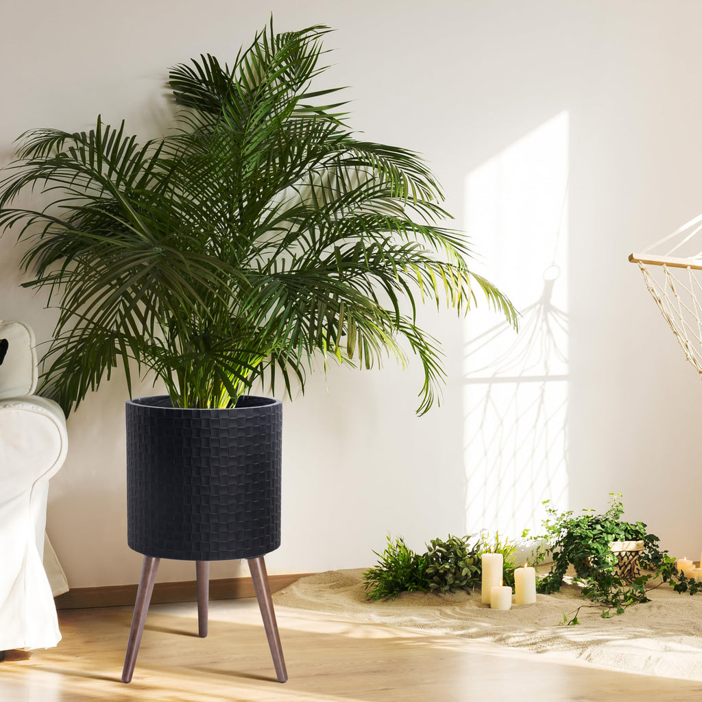 Planter Pot with Wood Stand, 14 in, Matte Black