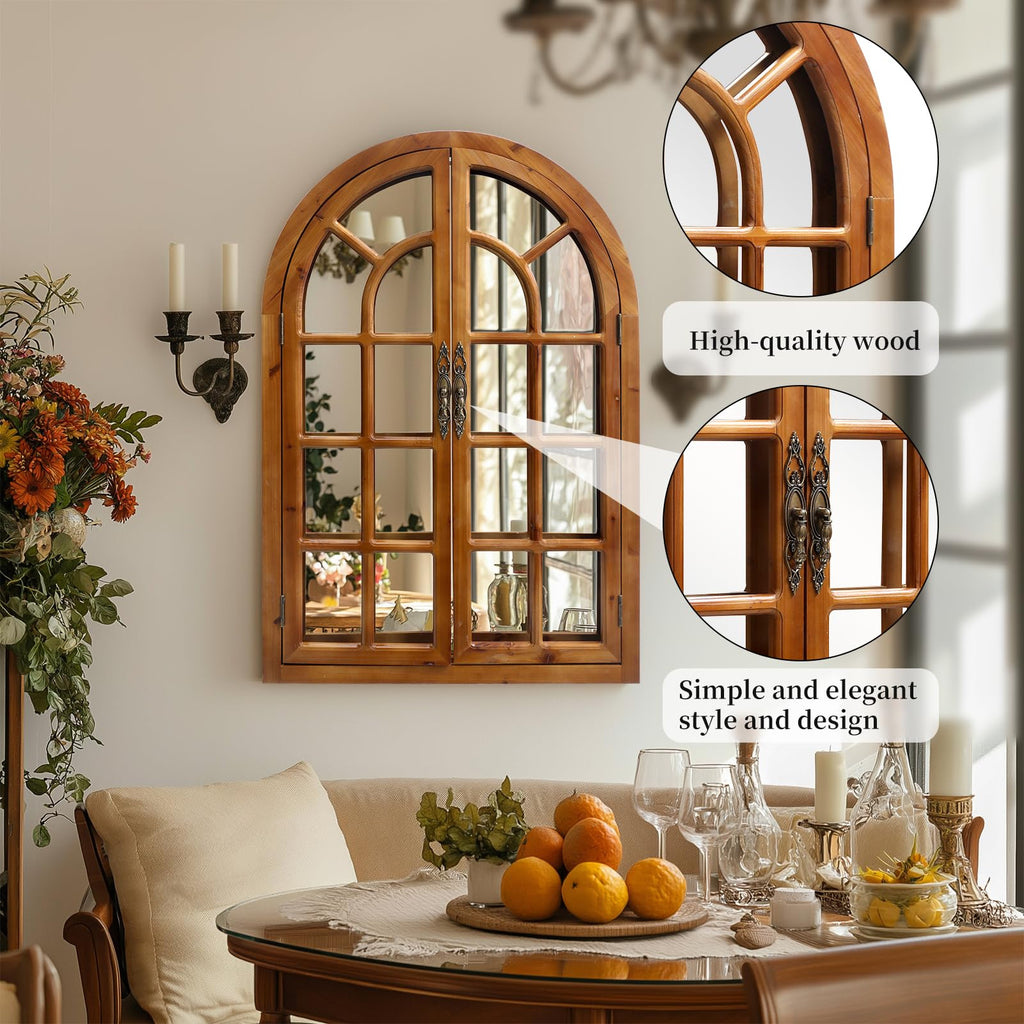 Rustic Wood Windowpane Arch Mirror, 24x36inch Vintage Farmhouse Window Pane Wall Mirror, or Bedroom Decor, Rustic