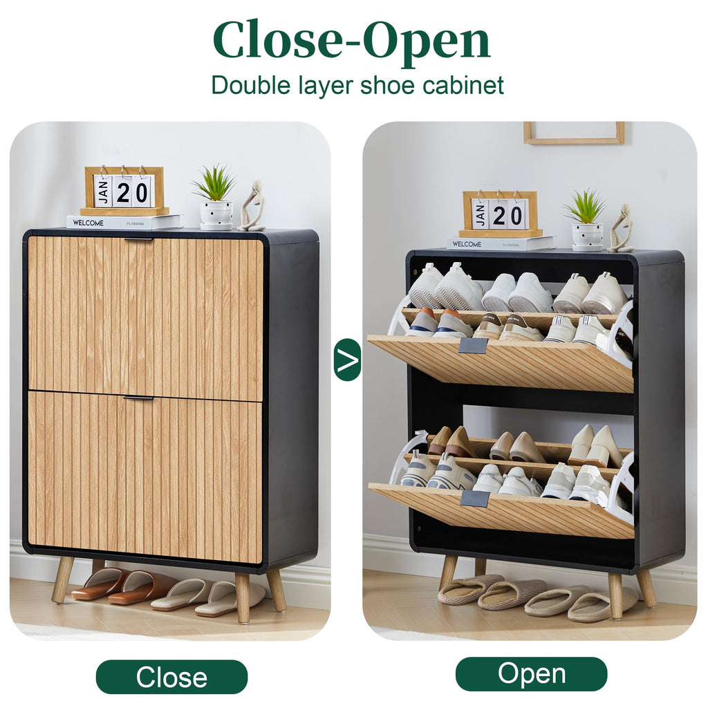 Narrow Shoe Cabinet Storage, Slim Shoe Cabinet with 2 Flip Drawers, Fluted Shoes Rack Organizer (Natural with Black