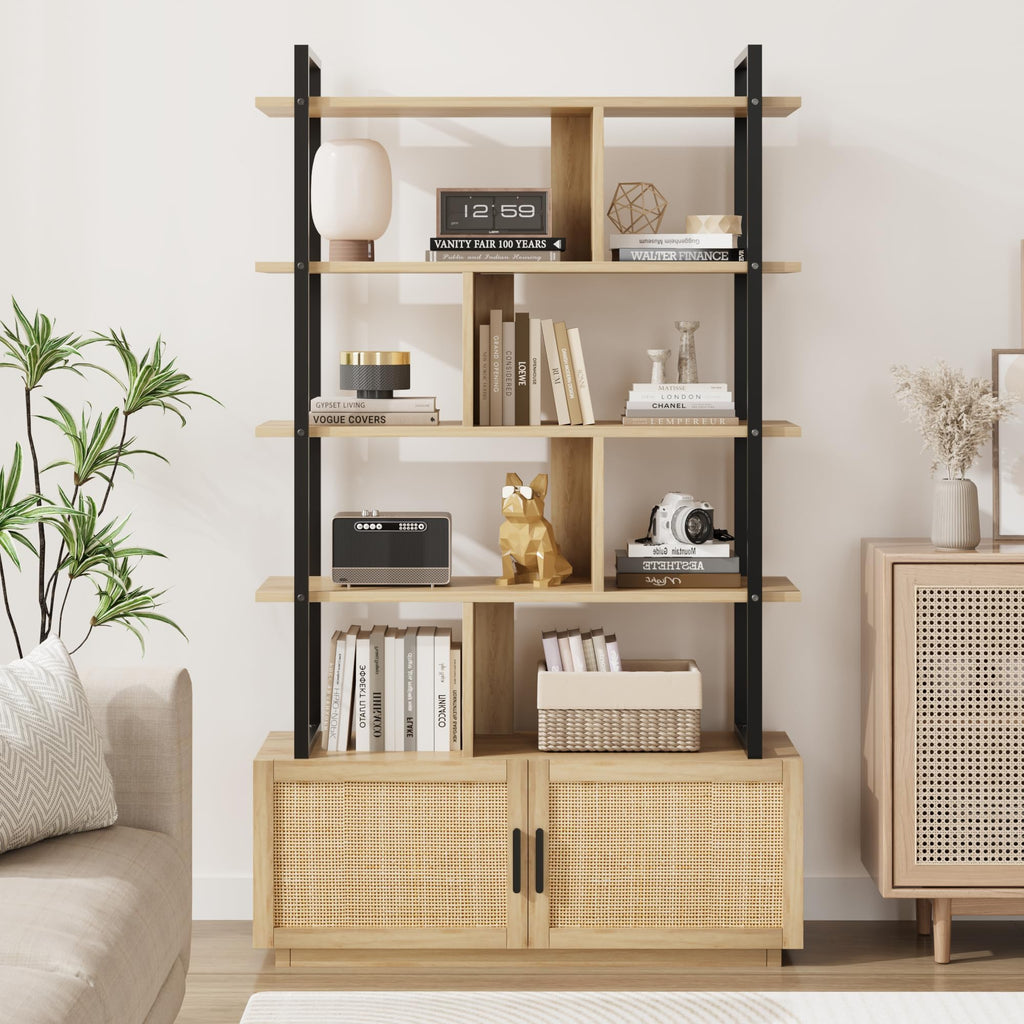 71.1 Inch 5 Tier Rattan Bookshelf with Storage Cabinet & Door