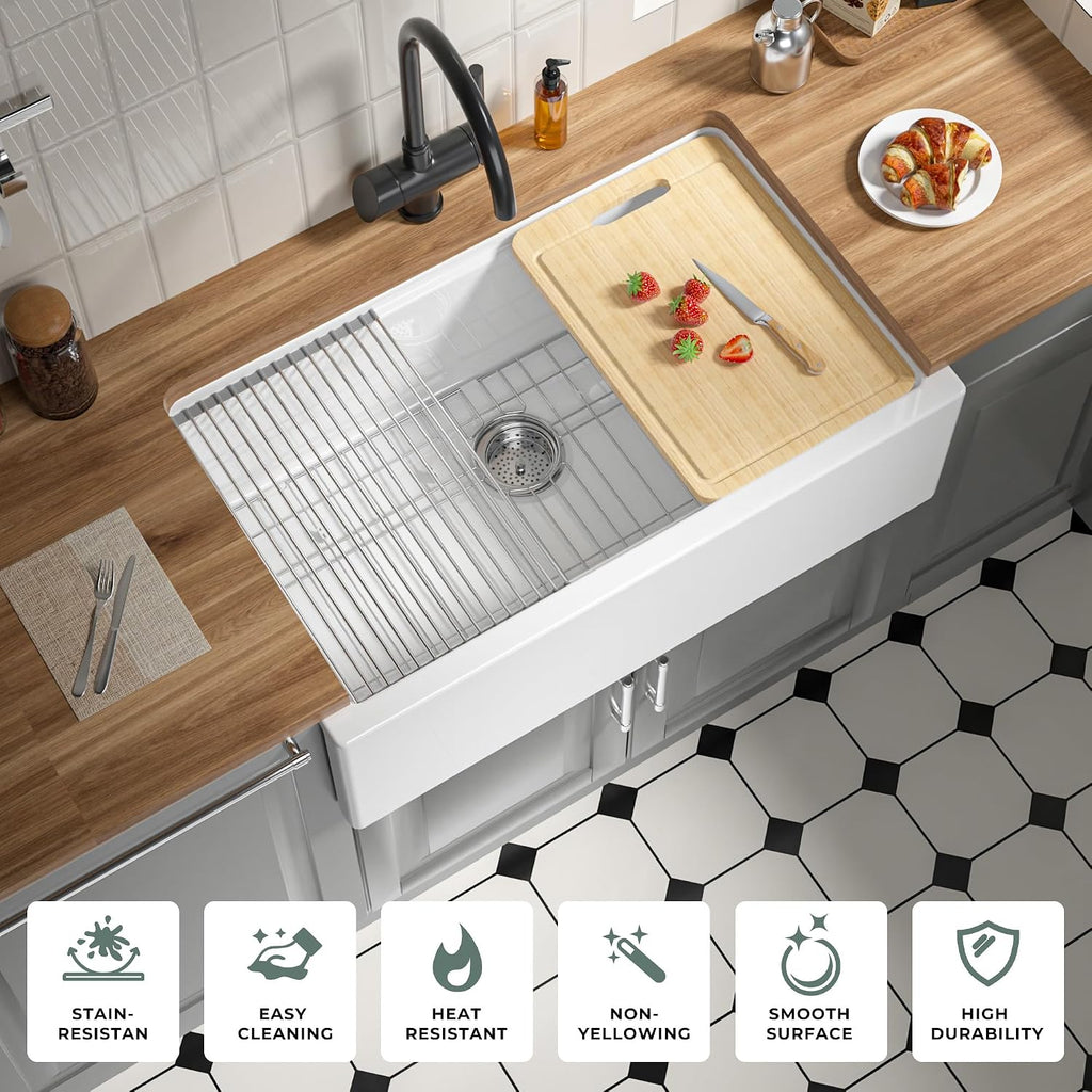 Self Trimming Farmhouse Sink 33 Inch, White Workstation Kitchen Sink | Tall Apron Front 33"x20"x10" Fireclay,Heavy