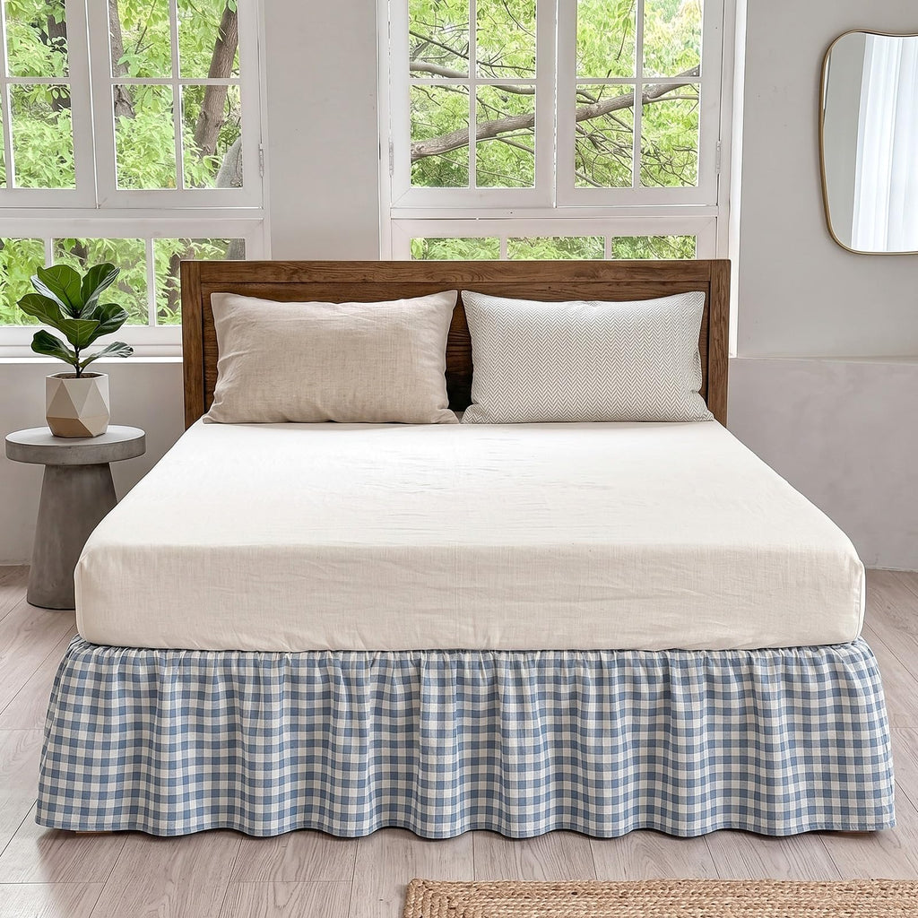 Blue White Gingham Bed Skirt Queen Size 16" Drop Pleated