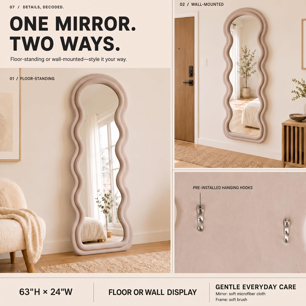 Full Length Mirror 63"x24", Irregular Wavy Mirror, Wave Arched Floor Mirror, Wall Mirror Standing Hanging or Leaning