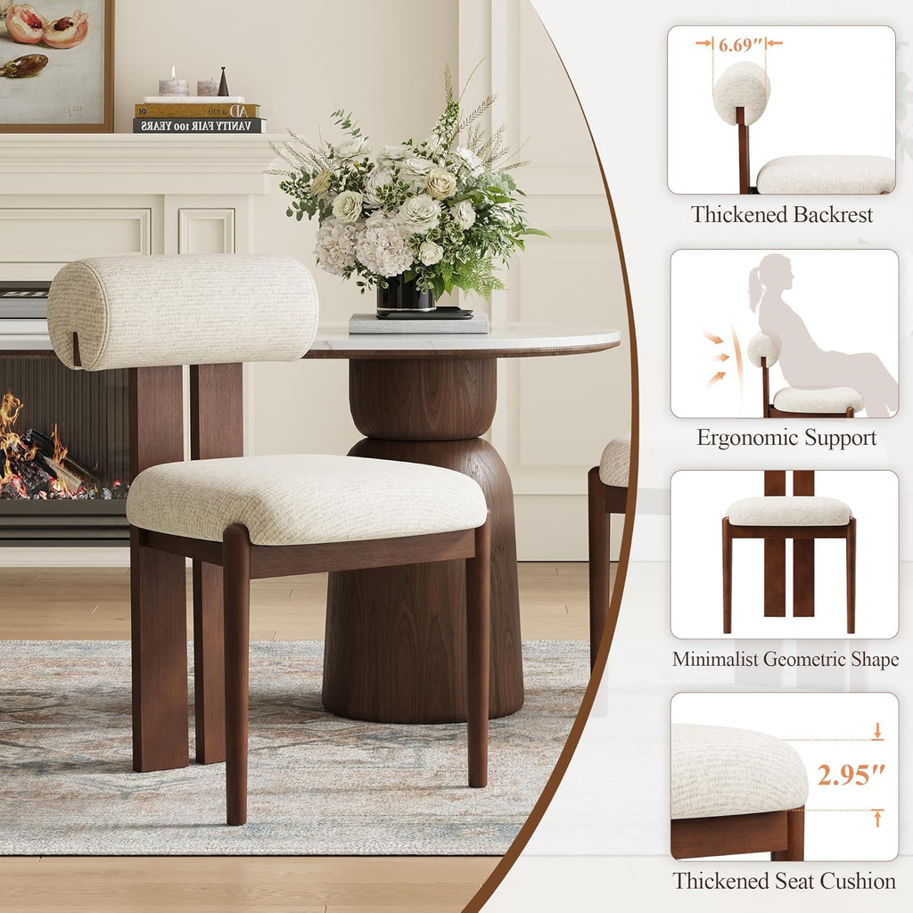 Modern Wooden Dining Chairs Set of 2, Upholstered Fabric Kitchen Chairs with Sculptural Backrest, Mid-Century