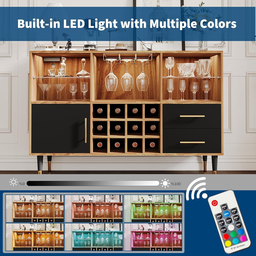 47 Inch Modern Bar Cabinet, Wood Sideboard Buffet with LED Lights, Charging Station, Wine Rack, Drawers & Doors