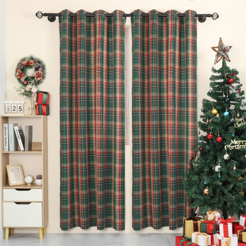 Tartan Curtains Set of 2 Classic Scottish Curtains Semi Blackout Grommets Top Machine Wash, Green and Red 52" W x 63"