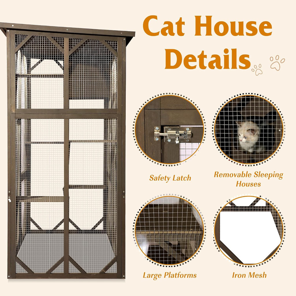 Cat Enclosure Large Outdoor Catio Wooden Cat House with Weatherproof, Cat Cage Condo Indoor Playpen with Platform