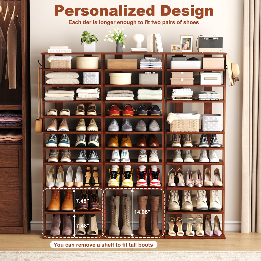 10-Tier Corner Shoe Tower - Double Rows, Slim Shoe Stand for 20 Pairs - Entryway, Hallway, Closet (Walnut)