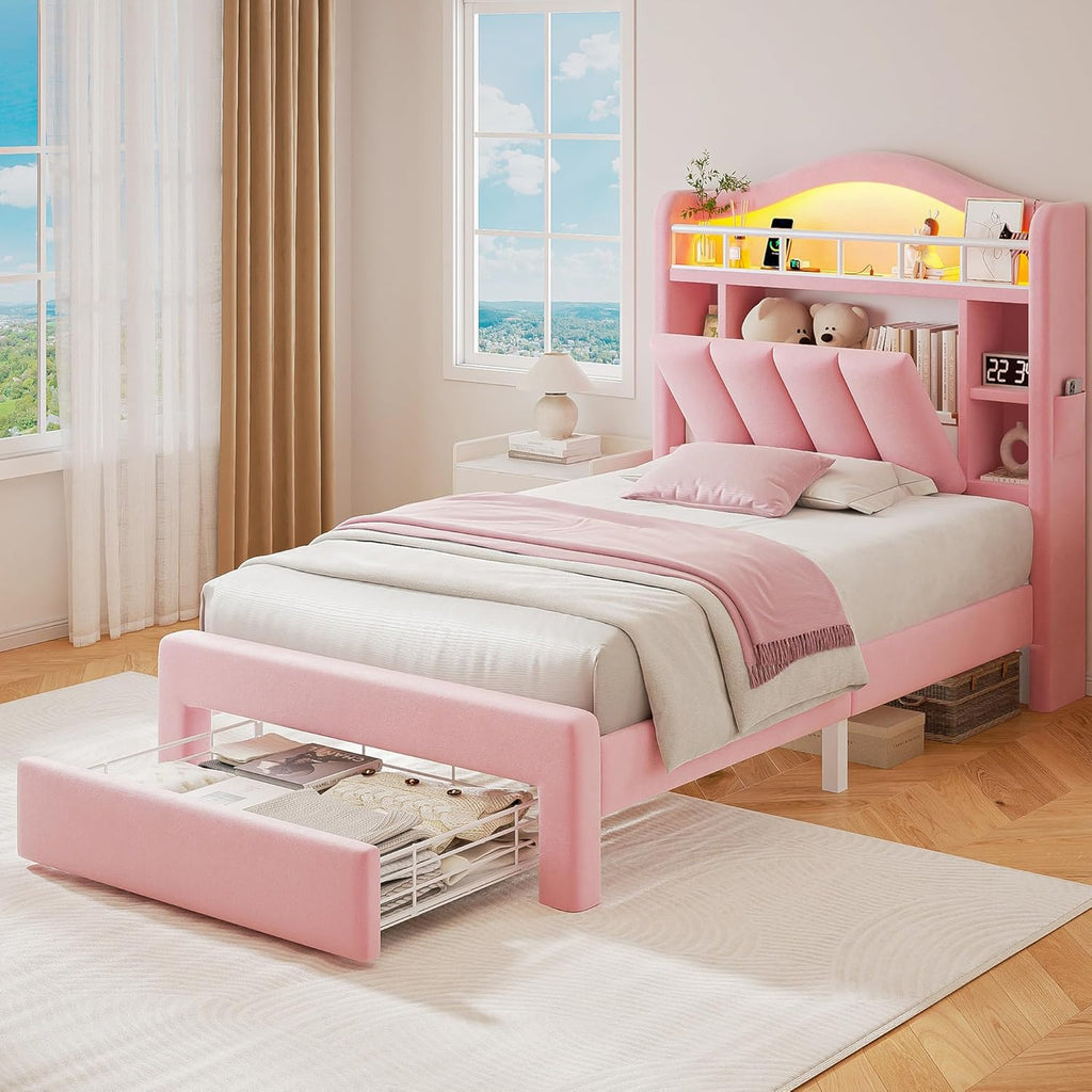 Twin LED Bed Frame with Storage Headboard & 2 Storage Drawers, Princess Velvet Upholstered Bed with Vertical Tufted