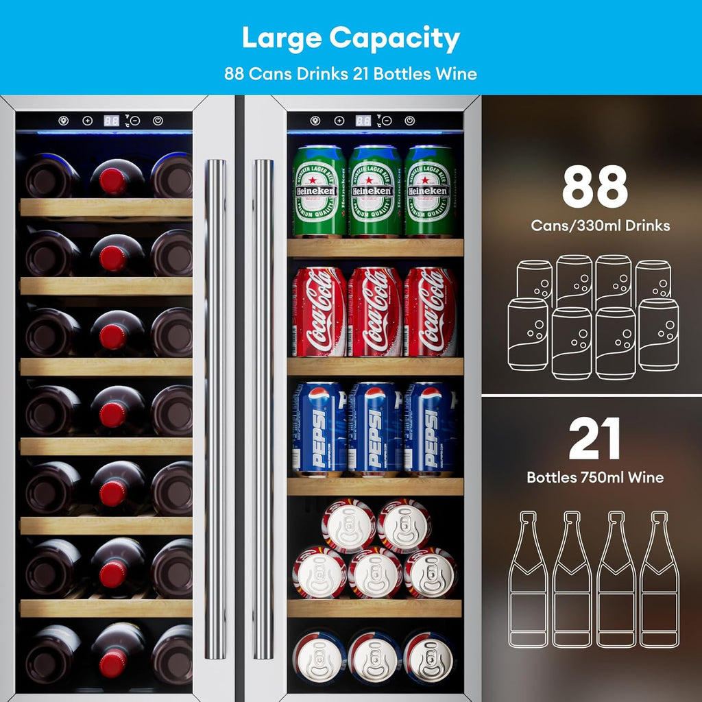 24 Inch Dual Zone Wine and Beverage Refrigerator, Wine Cooler with Glass Door Ho