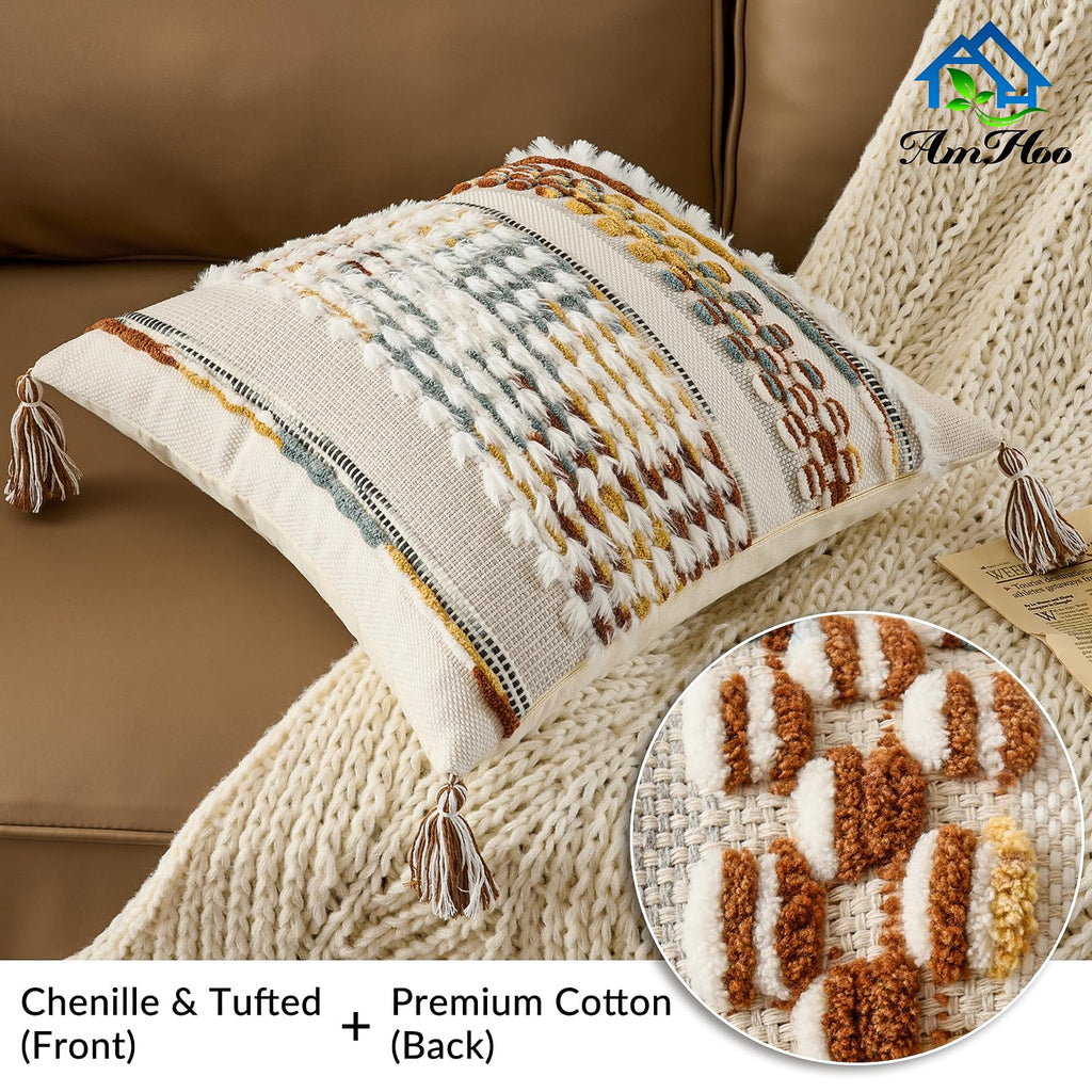 Chenille Striped Tufted Textured Boho Throw Pillow Covers Aesthetic with Tassels Woven Decorative Pillow Case for