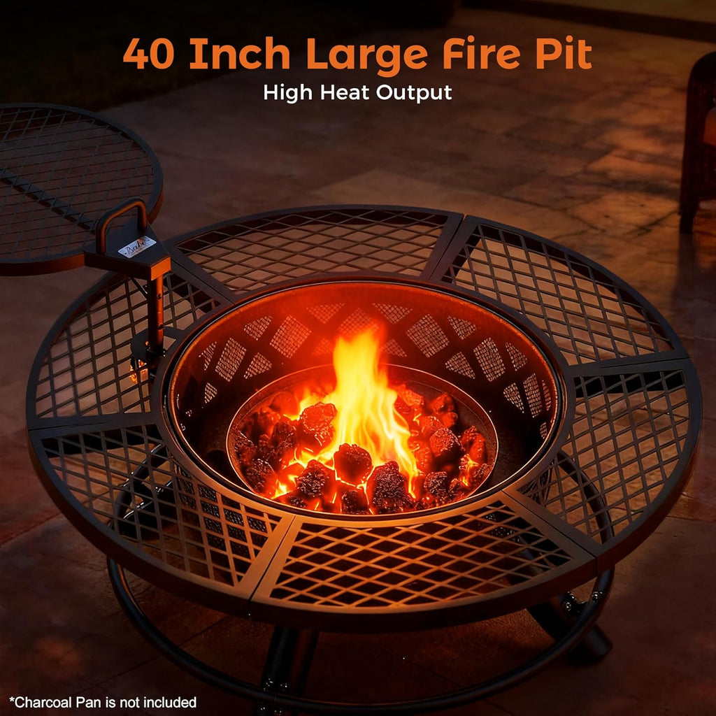 Fire Pit with Poker, 40 inch Outdoor Fire Pit Patio, Wood Burning Firepits for Outside with Grill
