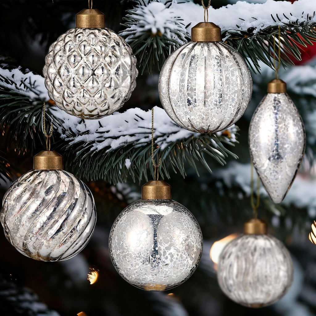 18 Pcs Silver Christmas Mercury Glass Balls Ornaments, 6 Styles