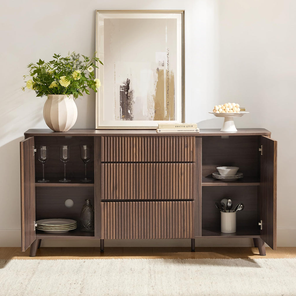 62" Fluted Sideboard Buffet Cabinet with 3 Drawers, Walnut