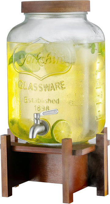 2 Gallon Drink Dispenser for Parties with Acacia Wood Stand and Lid