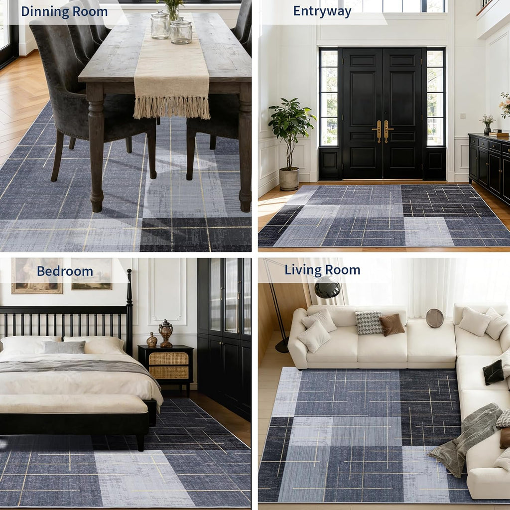 Washable Abstract Modern Area Rugs, Contemporary Geometric Checkered Rug Non Slip Low Pile, Blue and Grey White