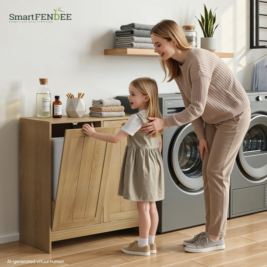 Double Tilt Out Laundry Hamper Cabinet, Small Hidden Trash Cabinets with 2 Baskets , Freestanding Bathroom Storage